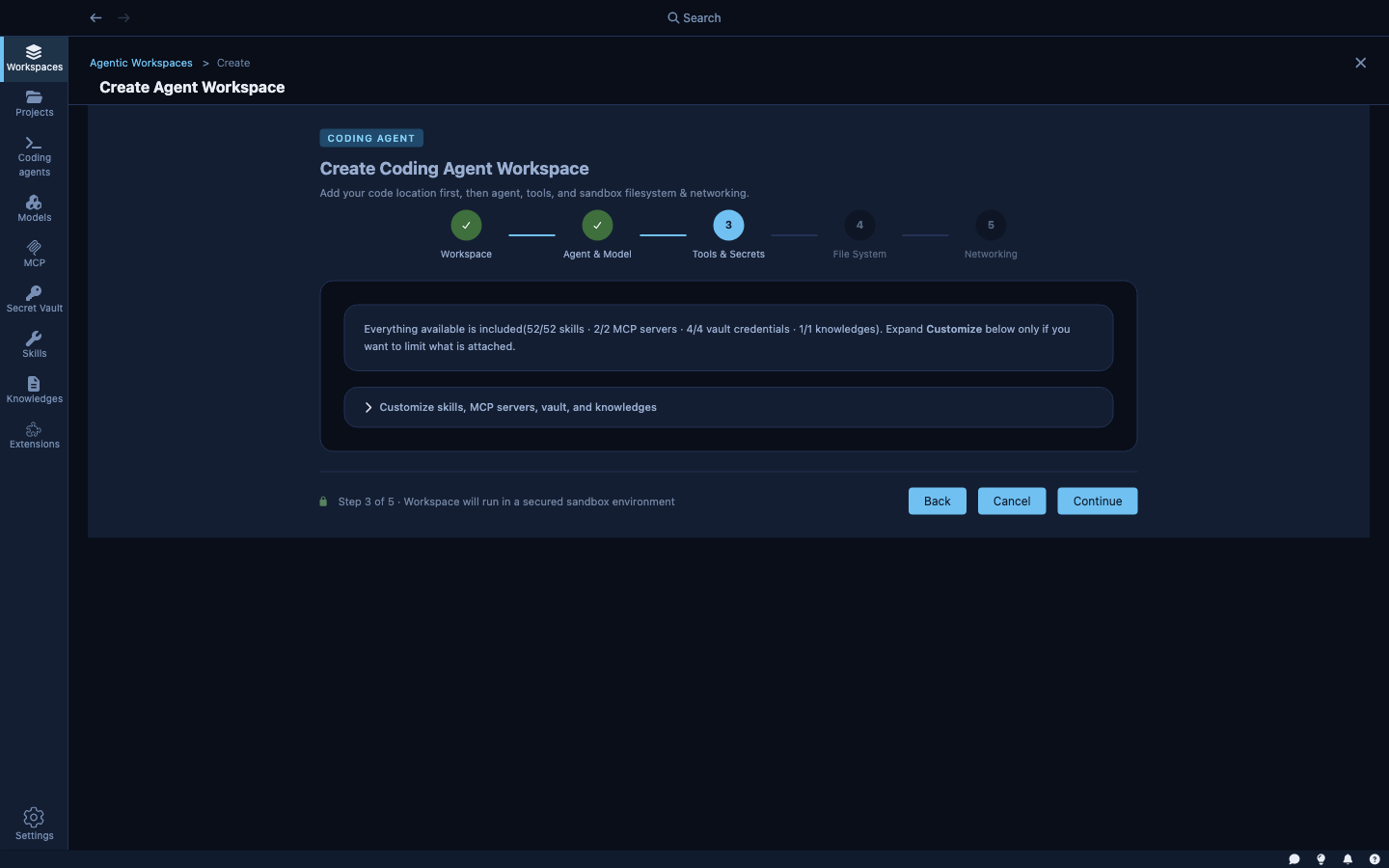Wizard step 3 — Tools &amp; Secrets